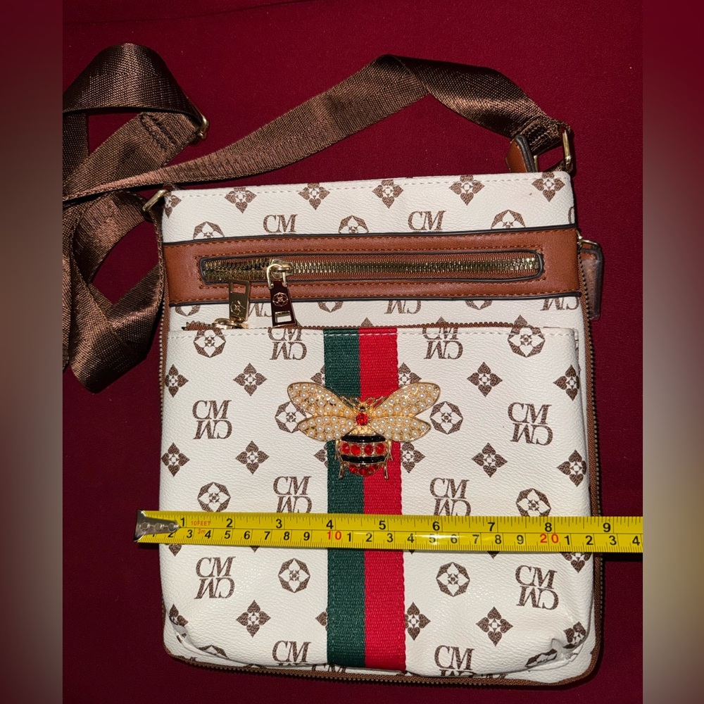 CM Logo Queen Bee Monogram Crossbody Bag with Bee Accent White/Brown/Green/Red - Picture 11 of 12